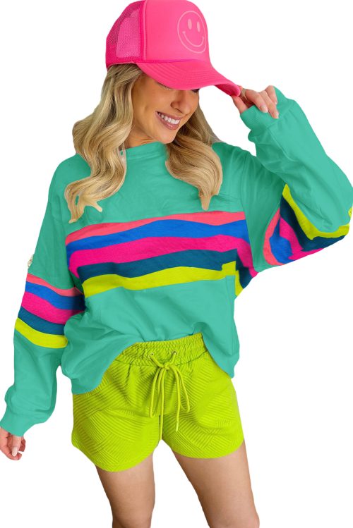 Women's Green Stripe Accent Long Sleeve Casual T-Shirt