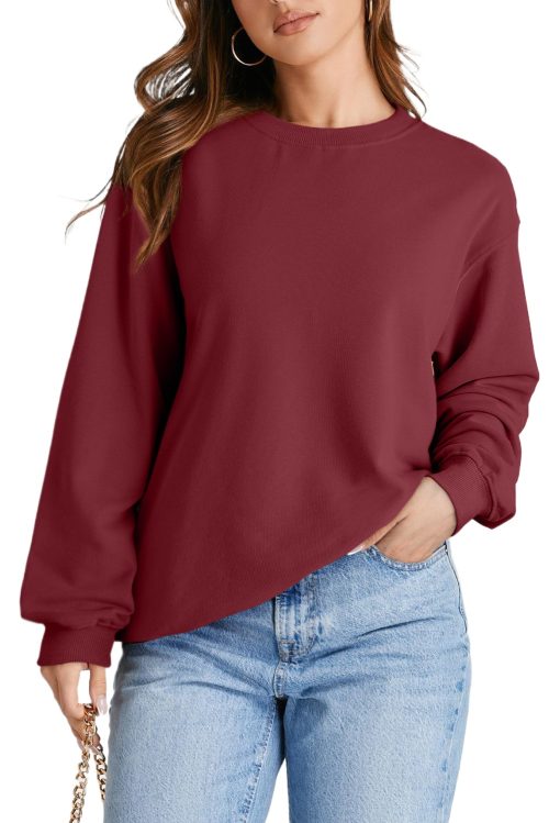 Women's Burgundy Plain Drop Shoulder Crewneck Pullover Sweatshirt - Cozy Casual Style