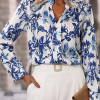 Elegant Sky Blue Floral Print Blouse with Notched Neck for Women - Image 2