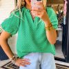 Women's Bright Green Textured Puff Short Sleeve Notched V Neck Top - Image 3