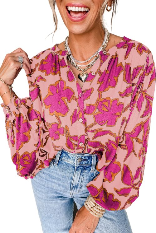 Women's Pink Floral Print Batwing Sleeve Buttoned Loose Fit Shirt