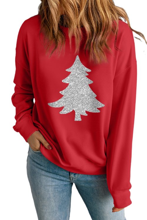 Women's Red Silver Christmas Tree Printed Drop Shoulder Sweatshirt