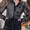 Women's Black Sequin Tassel Button Up Slim Fit Shirt - Image 8