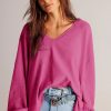 Women's Bright Pink Waffle Knit V Neck Long Sleeve Blouse - Image 3