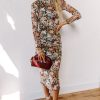 Charming Brown Floral Allover Print Mock Neck Bodycon Midi Dress for Women - Image 8