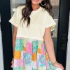 Women's Green Floral Patchwork T-Shirt Pleated Mini Dress with Short Sleeves - Image 5