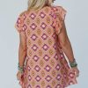 Women's Orange Geometric Floral V Neck Mini Dress with Ruffled Sleeves - Image 10