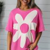 Women's Sachet Pink Contrast Flower Drop Shoulder Loose T-Shirt - Image 3