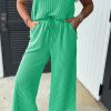 Bright Green Solid Corded Knit Short Sleeve T-Shirt and Wide Leg Pants Set for Women - Image 3