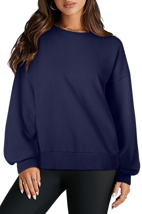 Women's Navy Blue Solid O Neck High Low Hem Pullover Sweatshirt - Casual and Comfortable