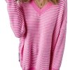 Women's Pink Striped Scallop V Neck Loose Sweater with Side Slits - Image 2