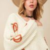 Women's Beige Cable Knit Pumpkin Raw Hem V Neck Sweater - Image 7