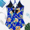 Women's Blue Floral Plunging Neckline One-Piece Swimsuit with Crisscross Back - Image 13