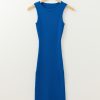 Women's Dark Blue Solid Ribbed Knit Sleeveless Midi Sweater Dress with Slit - Image 7