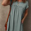 Women's Mist Green Frilled Gathered Seam Round Neck T-Shirt Dress with Pockets - Image 5