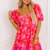 Women's Red Floral Bubble Sleeve Sweetheart Neck Ruffled Mini Dress - Image 6