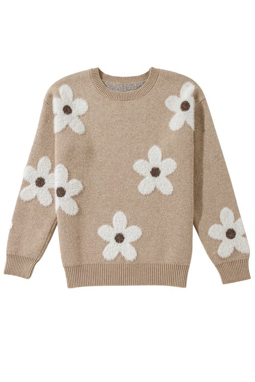 Women's Parchment Flower Pattern Crew Neck Sweater with Ribbed Trim