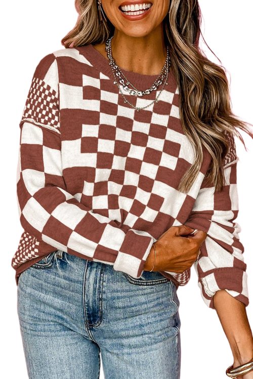 Women's Brown Checkered Print Drop Shoulder Round Neck Sweater