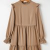 Women's Light French Beige Frilled Collar Ruffled Shoulder Mini Dress - Image 9