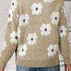 Women's Khaki Floral Pattern Half Zip Drop Shoulder Sweater - Image 2