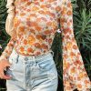 Chic Women's Orange Floral Printed Bell Sleeve Blouse with Mock Neck and Scallop Trim - Image 2