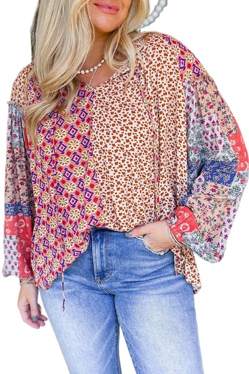 Women's Orange Mixed Floral Printed Long Sleeve Tied V Neck Blouse