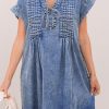 Women's Beau Blue Tie V Neck Denim Shift Dress with Tucking Detail and Pockets - Image 8