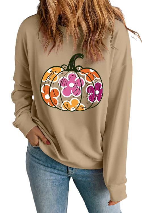 Women's Khaki Halloween Floral Pumpkin Graphic Drop Shoulder Sweatshirt