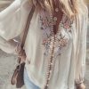 Women's Beige Floral Embroidered Textured Puff Sleeve Loose Shirt - Image 2