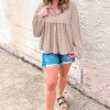 Women's Parchment Corded Turn-down V Neck Bubble Sleeve Babydoll Blouse - Image 6