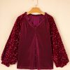 Women's Red Velvet Top with Sequin Patchwork Sleeves - Button Up Style - Image 9