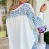 Women's White Abstract Floral Patchwork Batwing Sleeve V Neck Blouse - Image 2