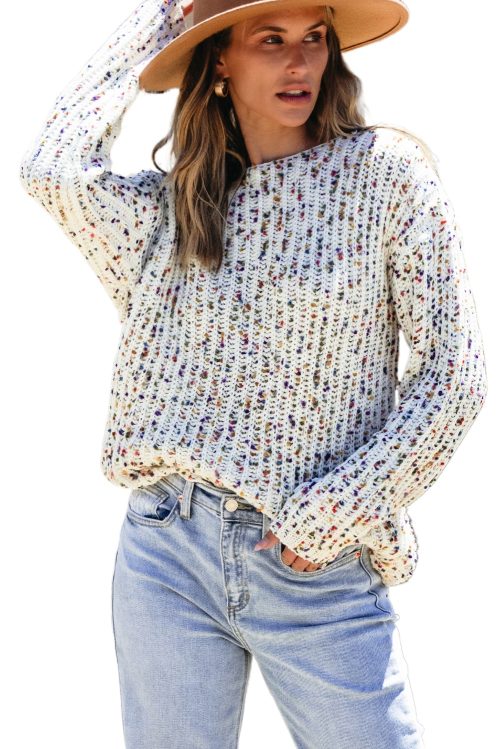 Women's White Confetti Reversible Twist Sweater - Versatile and Stylish