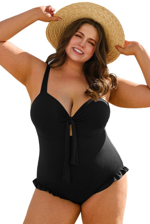 Chic Black Plus Size Textured Knotted Ruffled Trim One Piece Swimwear for Women