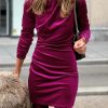 Pitaya Pink Velvet High Neck Ruched Long Sleeve Bodycon Dress - Image 8