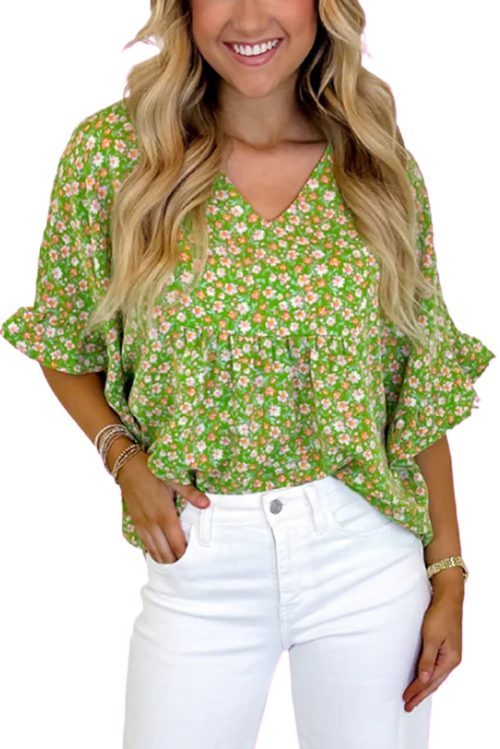 Women's Green Floral Print Ruffle Sleeve V Neck Blouse - Lightweight Summer Top