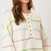 Women's White Rainbow Stripes Drop Shoulder Baggy Henley Sweater - Image 6