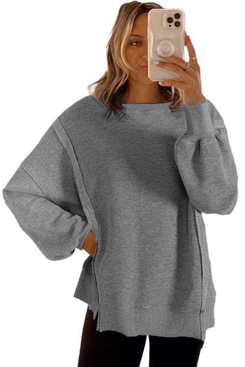 Women's Gray Waffle Knit Bishop Sleeve Oversized Top - Chic and Cozy