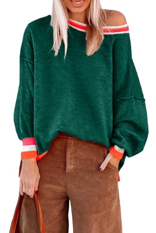 Women’s Blackish Green Colorblock Striped Trim Drop Shoulder Sweater - Casual Chic for Fall