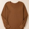 Women's Camel Ribbed Knit Drop Sleeve V Neck Loose Fit Sweater - Cozy & Chic - Image 7