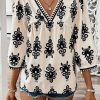 Women's Beige Vintage Geometric Printed 3/4 Sleeve V Neck Blouse - Image 6