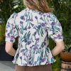 Women's Purple Floral Ricrac Trim Peplum Top with Puff Sleeves - Image 10