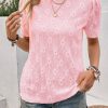 Women's Chic Pink Flower Geometric Textured Button Short Sleeve Top - Image 12