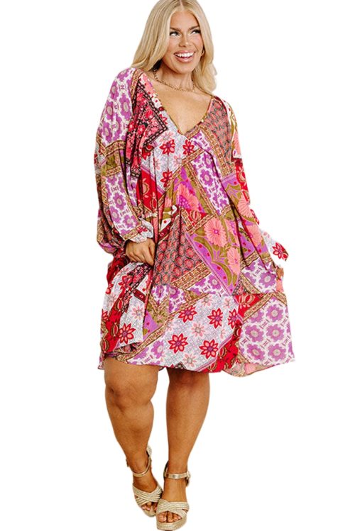 Plus Size Rose Mixed Floral Long Sleeve V Neck Lace-Up Dress with Hollowed Back