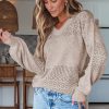 Women's Brown Eyelet Pattern V Neck Drop Shoulder Sweater - Casual Chic for Fall - Image 12