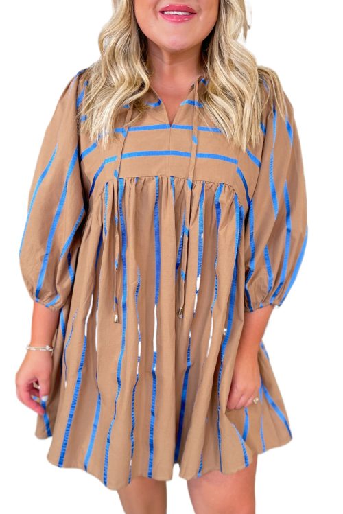 Women's Plus Size Khaki Stripe Contrast 3/4 Sleeve Babydoll Dress