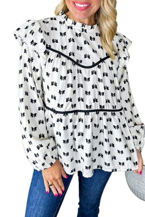 Women's White Bow Knot Print Ruffled Crew Neck Blouse with Piping Trim