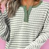 Women's Green Stripe Textured Frilly Trim Henley Long Sleeve Top - Image 2