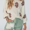 Women's White Colorblock Floral Pattern Long Sleeve Sweater - Image 8