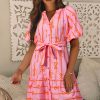 Women's Pink Bowknot Striped Printed Bubble Sleeve Mini Dress with Belt - Image 3